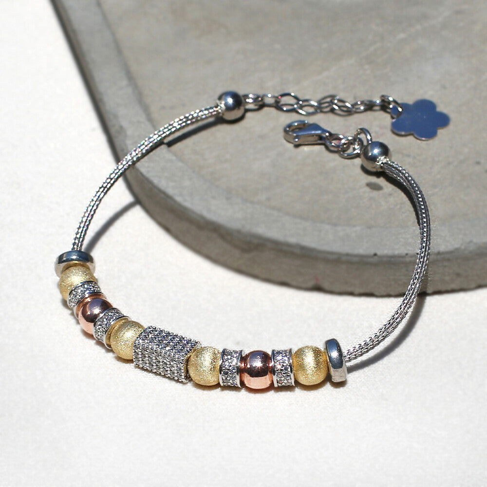 Clotho 925 Ayar Gümüş, Simli Top , Taşlı 3 Renkli Bileklik